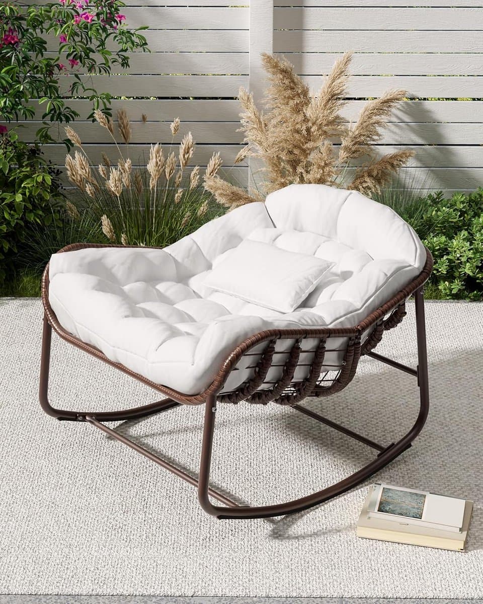 Tuin Schommelstoel PE Rotan Met Dikke Kussen - Egg Chair Voor Binnen en Buiten - Lounge Fauteuil - Voor Woonkamer, Veranda, Tuin, Terras, Achtertuin - Wit