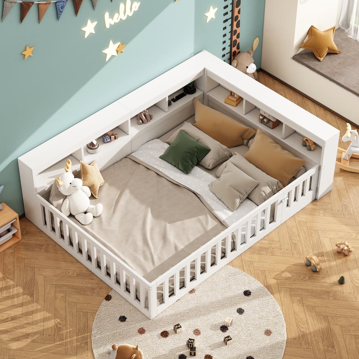 DESMIU Dagbed 140x200 cm – Bed met Oplaadfunctie – Uittrekbare Bedrand en Zijvak – Voor Jeugd- en Slaapkamer – Plaatmateriaal – Wit – Zonder Matras