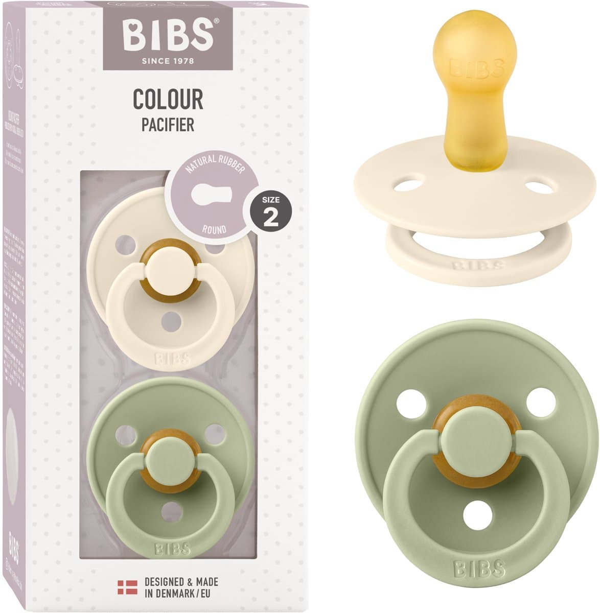 BIBS Colour Speen verpakking van 2 stuks. BPA-vrij, Ronde speen. Natuurlijk rubberlatex, Gemaakt in Denemarken. Maat 2 (6-18 maanden), Ivory / Sage