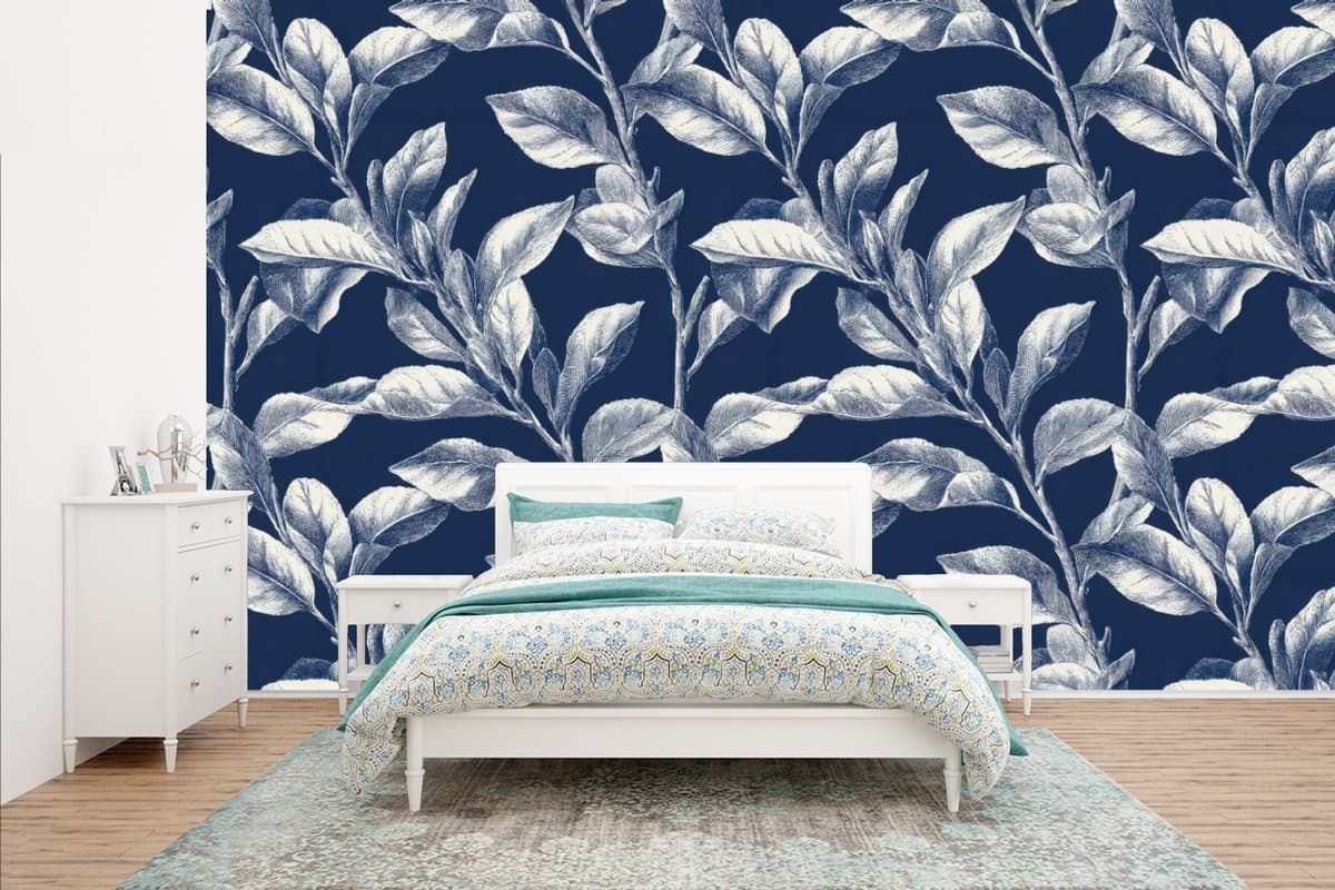 Behang - Fotobehang Botanisch - Patroon - Blauw - Breedte 435 cm x hoogte 260 cm