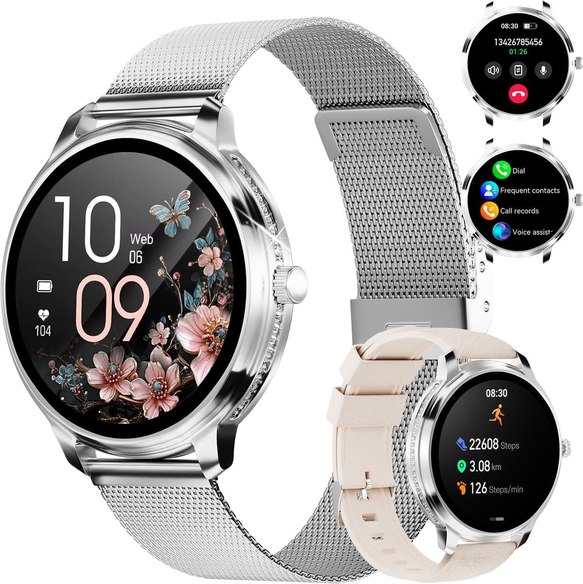 RAYOFI - Smartwatch - Nieuwe damessmartwatch 2026 - 1,57-inch sporthorloge - Met belfunctie - Hartslagmeting - Volledig touchscreen - Vierkant ontwerp - Stijlvol damessporthorloge - Zilver - Compatibel met Android 5.0+ / iOS 10.0+