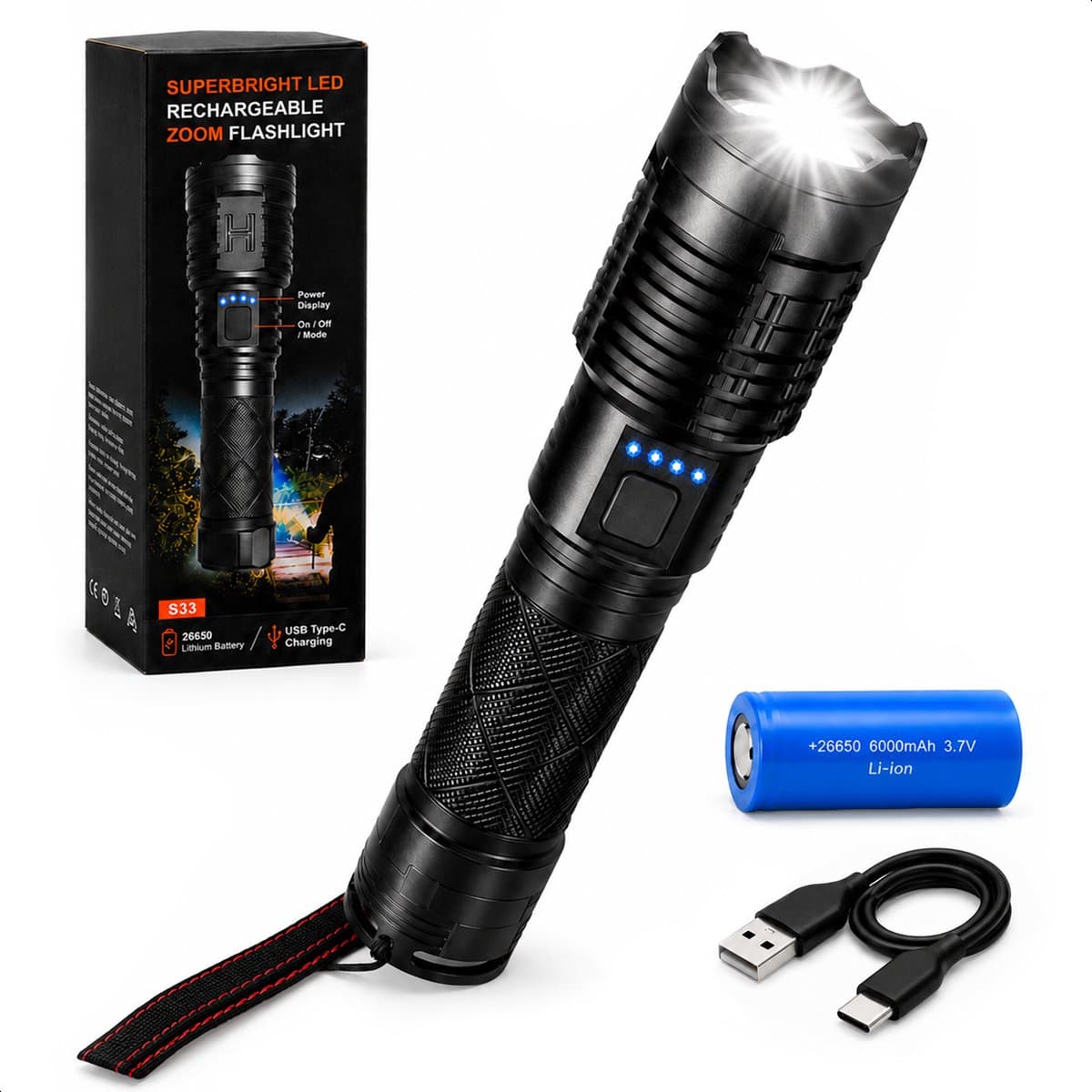 Proskill Zaklamp LED - Oplaadbaar - 5 licht modus - Zoom functie - Militaire zaklampen - IP65 Waterdicht - Noodpakket - Zwart - zaklamp op batterijen - zaklamp kind - flashlight