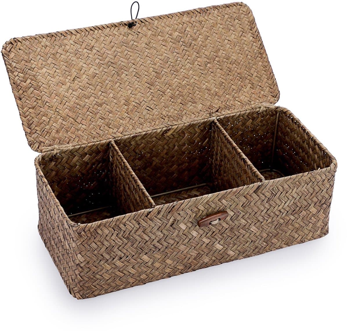 Dailygoods- Opbergdoos met deksel - Opbergmand - Opbergdoos met vakjes - Woven rieten mand - Drie compartimenten - Multifunctionele opbergoplossing