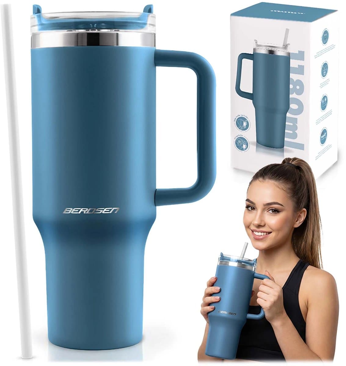 Metalen Thermosfles met rietje - 1180ml - Navy - Warm 6h & Koud 12h - RVS 304 - BPA vrij - Berdsen Grote Sportbeker - Geisoleerde Waterfles - Warmhoudende Koffiebeker - All Smiles Reisbeker met deksel