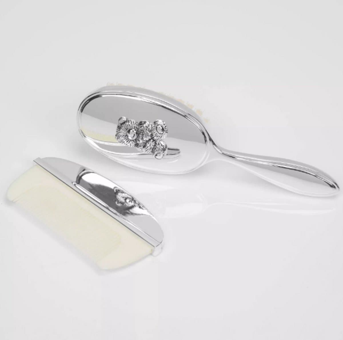 Celebrations - Verzilverde Baby Borstel- en Kamset met Beren - Silver plated - Babykado - Babykamer - Doop - Baby - kapset - Zilver baby cadeau