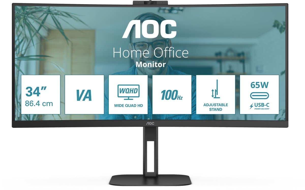 AOC V5 CU34V5CW - QHD Curved Ultrawide Monitor - USB-C - 65w - Webcam - 34 inch