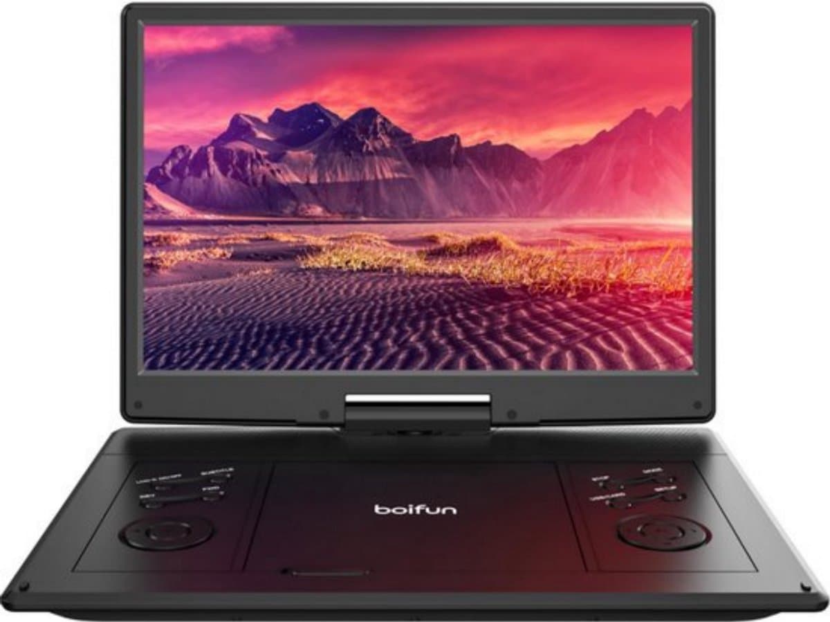Boifun 15,7 inch Draagbare dvd-speler met 14,1 inch HD draaibaar scherm, 6 uur oplaadbare batterij, ondersteuning voor Sync TV, USB, SD-kaart en meerdere schijfformaten, dubbele luidspreker