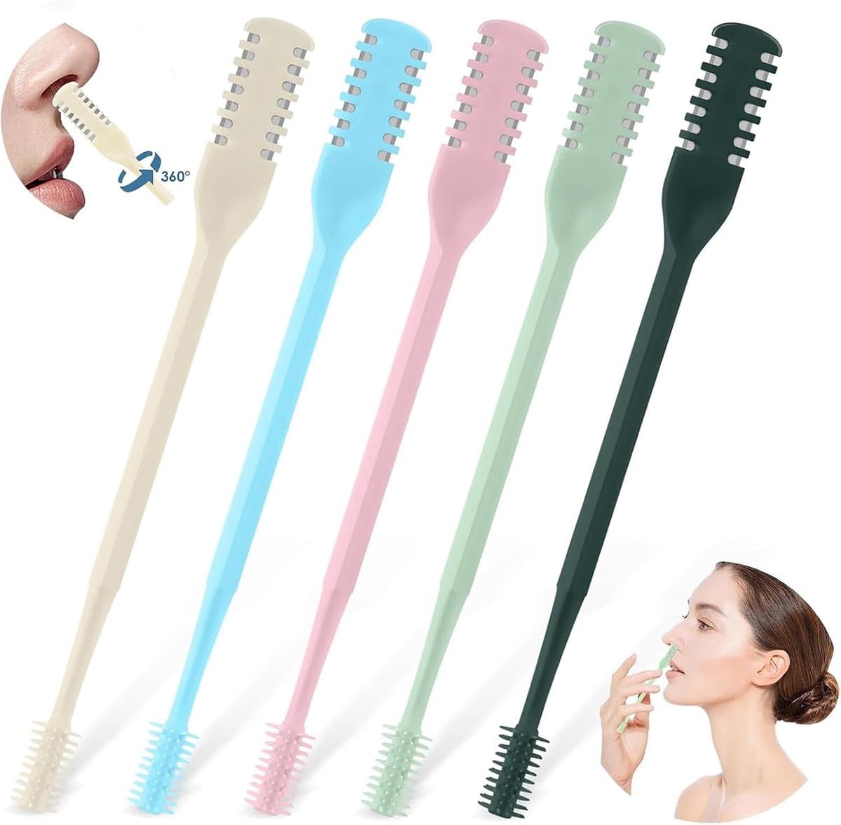 VONKELIOS®5 Stuks 2-in-1 Neushaar Trimmer, Nieuwe Dubbelzijdige Handmatige Neushaar Mes, Draaibaar 360°, Draagbare Neushaar Verwijderaar voor Mannen en Vrouwen, Thuis en Reizen