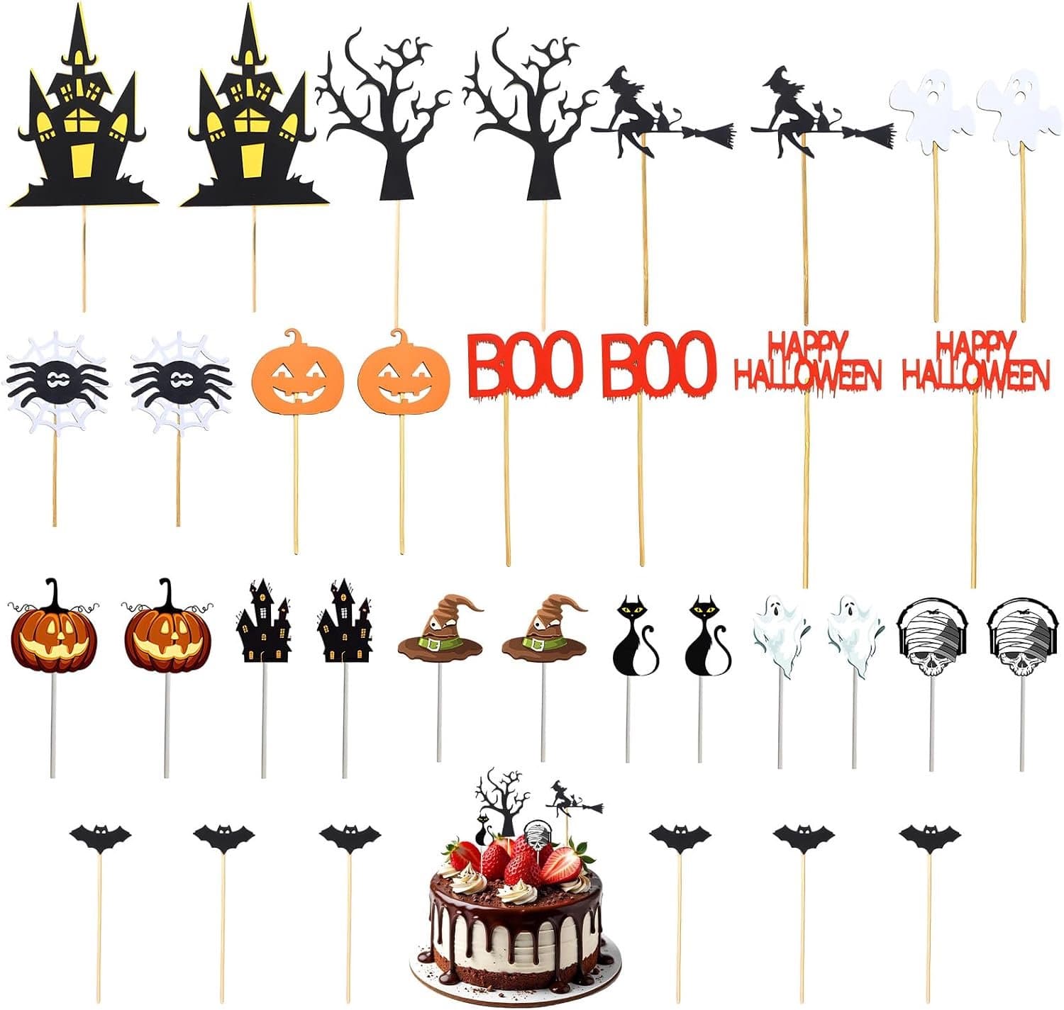 Halloween cupcake topper 34 stuks - taartdecoraties - iconische patronen - feestelijke versiering - ShopVlot