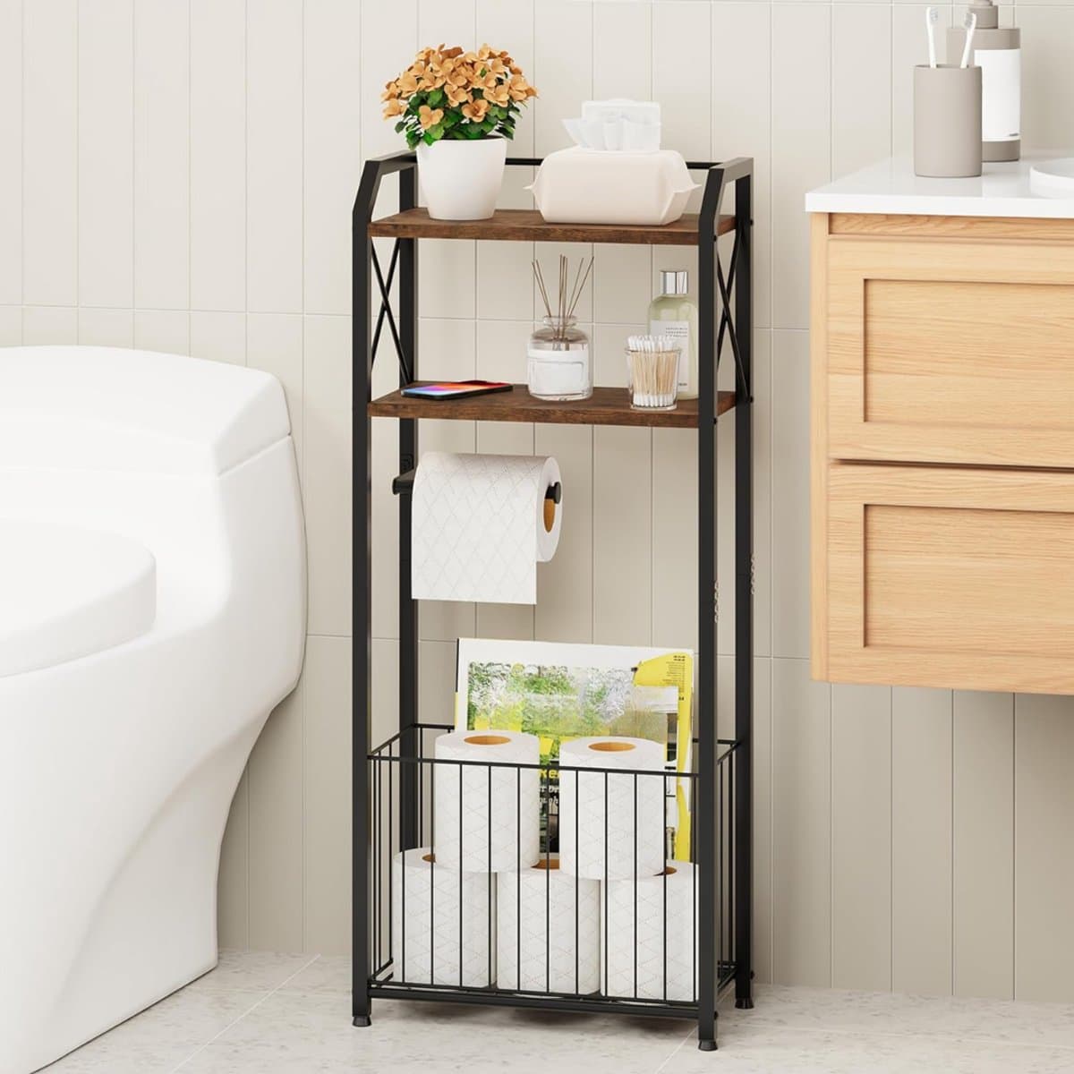 DYVNS® Toiletbutler - Staande Toiletrolhouder - Toilet Butler - Met Planken - 4 Lagen - Zwart