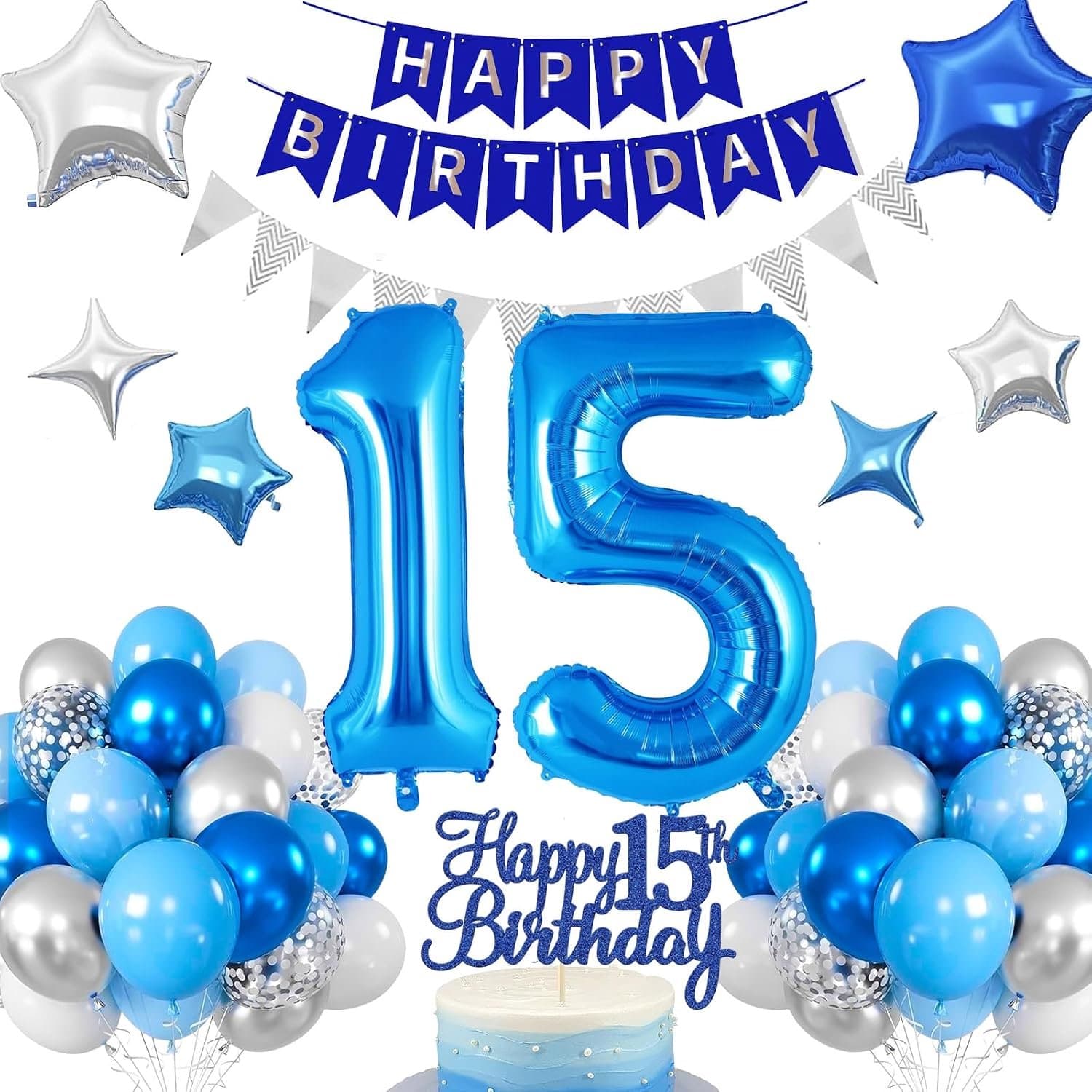 15e Verjaardag Decoratie, 15e verjaardag jongen blauw, verjaardagsdecoratie 15 jaar jongen, ballonnen 15e verjaardag Happy Birthday lint ballon 15 decoratie voor verjaardag, verjaardagsdecoratie