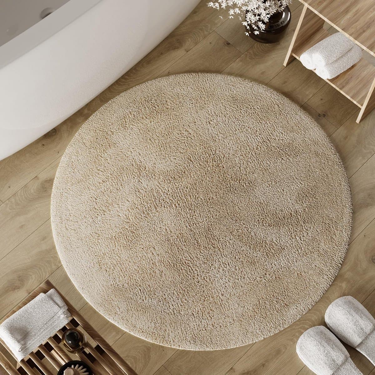 Pasper Badmat rond - 95 cm - Beige - Zachte Badkamermat met Gripcore Antislip - Gemaakt in België