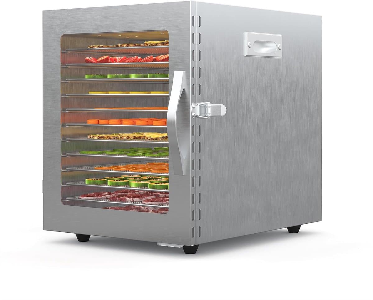 RVS Voedseldroger - 12 Lagen / Trays - 820W - Voedseldroogoven & Fruitdroger van Roestvrij Staal - RVS Droogoven voor Beef Jerky, Fruit, Groenten, Kruiden & Hondensnacks