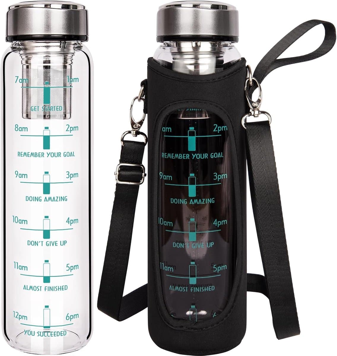 1 liter / 1000 ml glazen waterfles met tijdmarkeringen, 1 liter theedrinkfles met roestvrijstalen infuser voor losse theeblaadjes, koude koffie