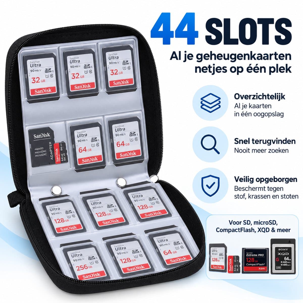 Geheugenkaart Organiser - Past tot 44x SD, SDHC, Micro SD, Mini SD en 4X CF - Houder met 44 slots (8 pagina's) - voor opslag en reizen - Inclusief microvezeldoek en labels (44x Slots, Zwart)