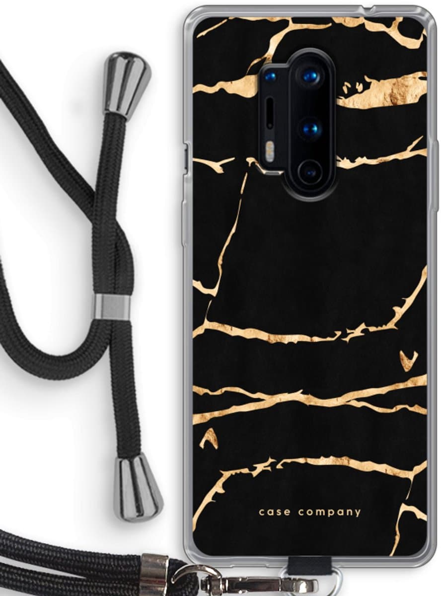 Case Company® - Hoesje met koord geschikt voor OnePlus 8 Pro hoesje met Koord - Gouden marmer - Telefoonhoesje met Zwart Koord - Bescherming aan alle Kanten en Over de Schermrand