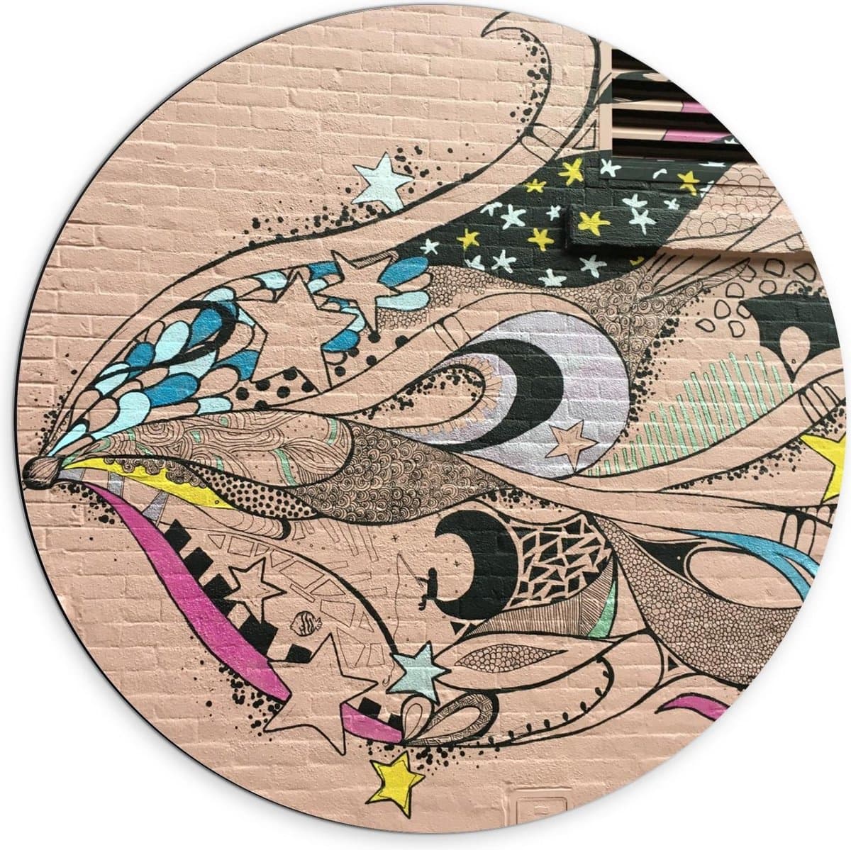 Dibond Wandcirkel - Muurschildering van Patroon op Gebouw - 70x70cm Foto op Aluminium Wandcirkel (met ophangsysteem)