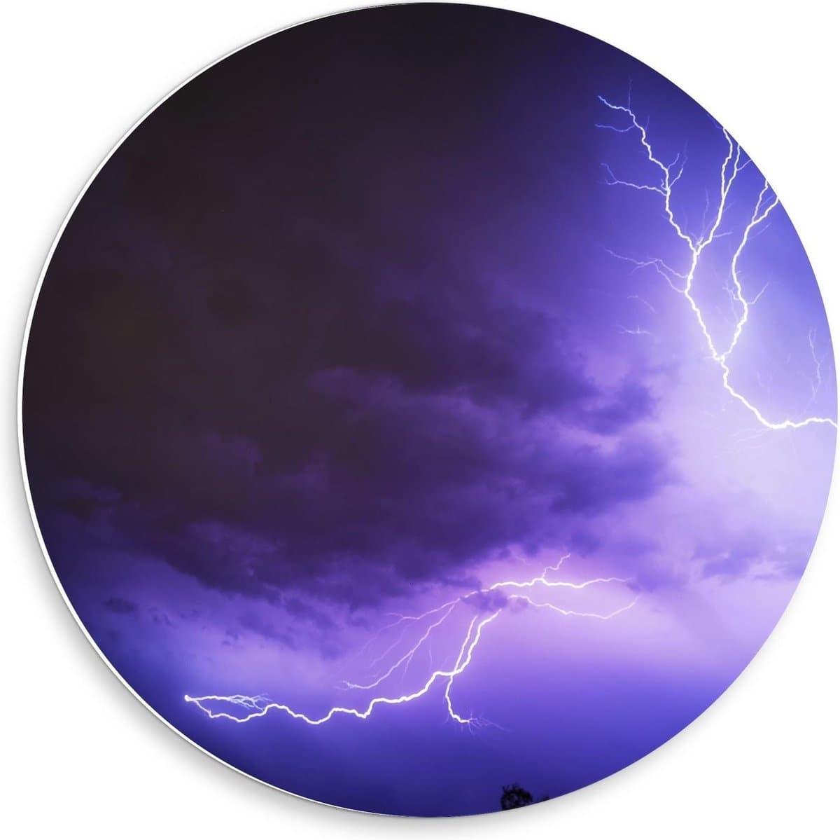 Forex Wandcirkel - Bliksem met Wolken - 50x50cm Foto op Wandcirkel (met ophangsysteem)