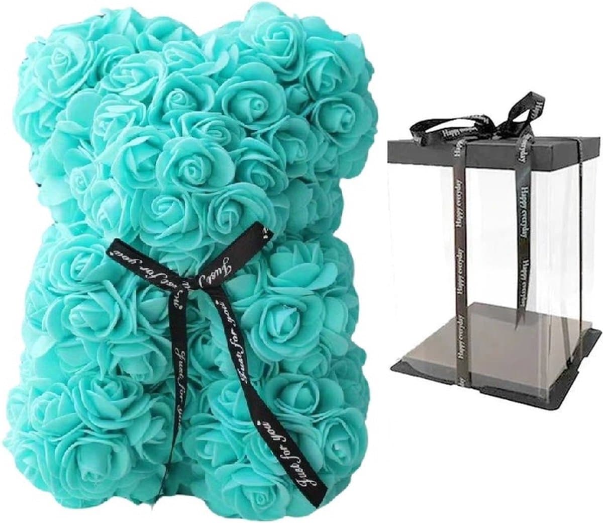 Rozen teddybeer van Turqoise kunstrozen beer 25 cm met Giftbox - Bloemen beer - Romantisch Cadeau - Verjaardag - Valentijndag - Moederdag - Liefde - Rose Bear