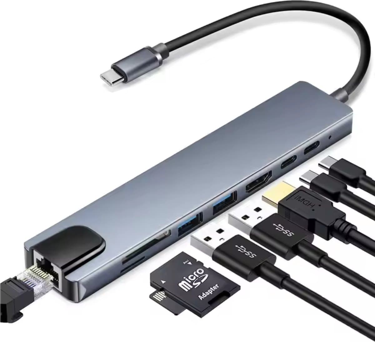 LumiWay USB Hub - USB-Hub Grijs - USB Splitter - USB C / USB A / HDMI / Micro SD / Ethernet - 2x USB-C / 2x USB-A