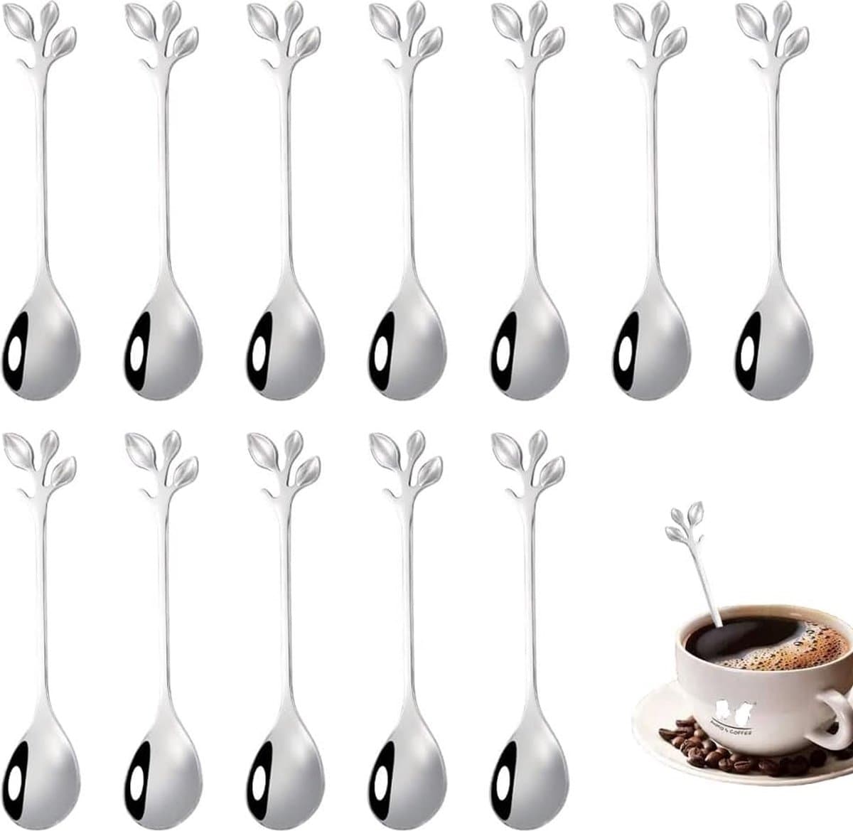JGS ® 12 stuks koffielepels, roestvrij staal blad koffielepel, leaf vorm handvat, lepel, roestvrijstalen theelepel, snijset voor cocktail, tablet, party, koffie, thee, melk