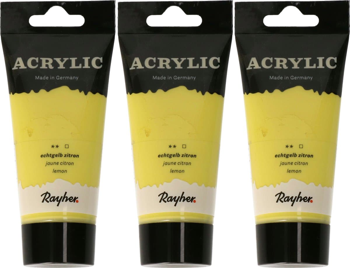 Rayher hobby Acrylverf op waterbasis - 3x - geel - 75 ml - Schilderen/knutselen - Voor kinderen en volwassenen