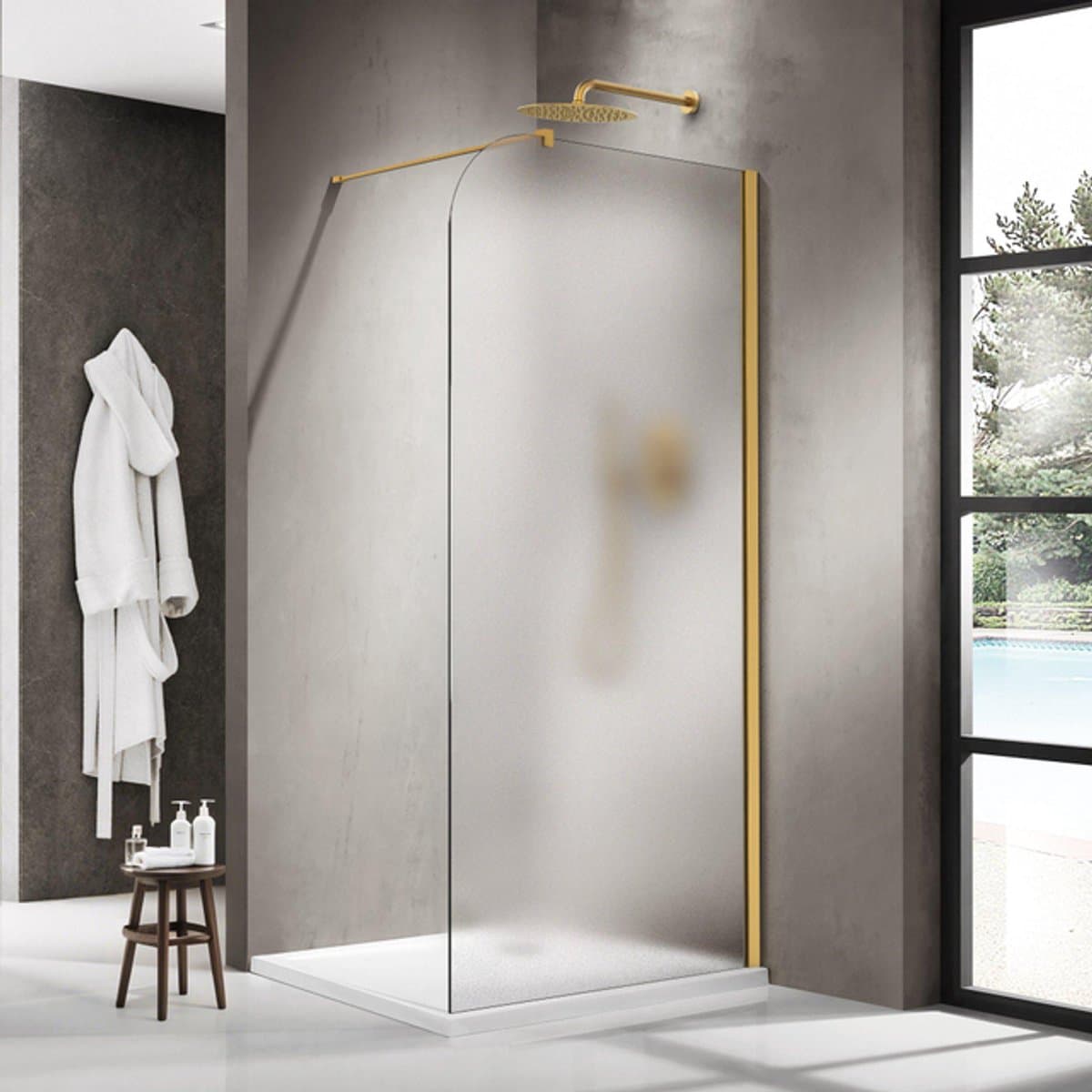 FugaFlow Eccelente Vetro Inloopdouche - 90x200cm - afgeronde glaswand - rechts - mat glas - wandarm - geborsteld messing PVD (Goud)