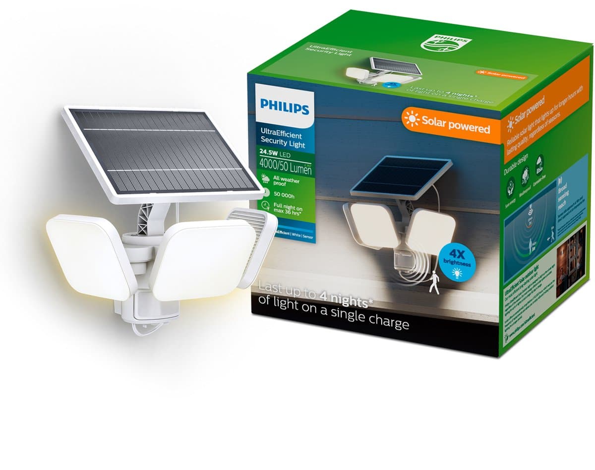 Philips UltraEfficient Zyren Wandlamp - Solar Beveiligingslamp - Bewegingssensor - Helder wit licht: 5000K - 24,5W - Wit - Twee lichtstanden - Schemersensor - Zonne-energie - Waterbestendig
