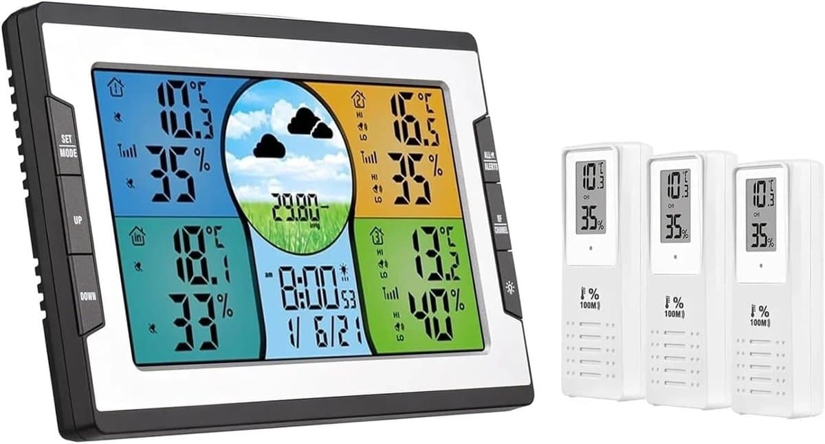 Draadloos Weerstation - Binnen Buiten Monitor - Temperatuur Vochtigheid - Drie Externe Sensoren - LCD Display