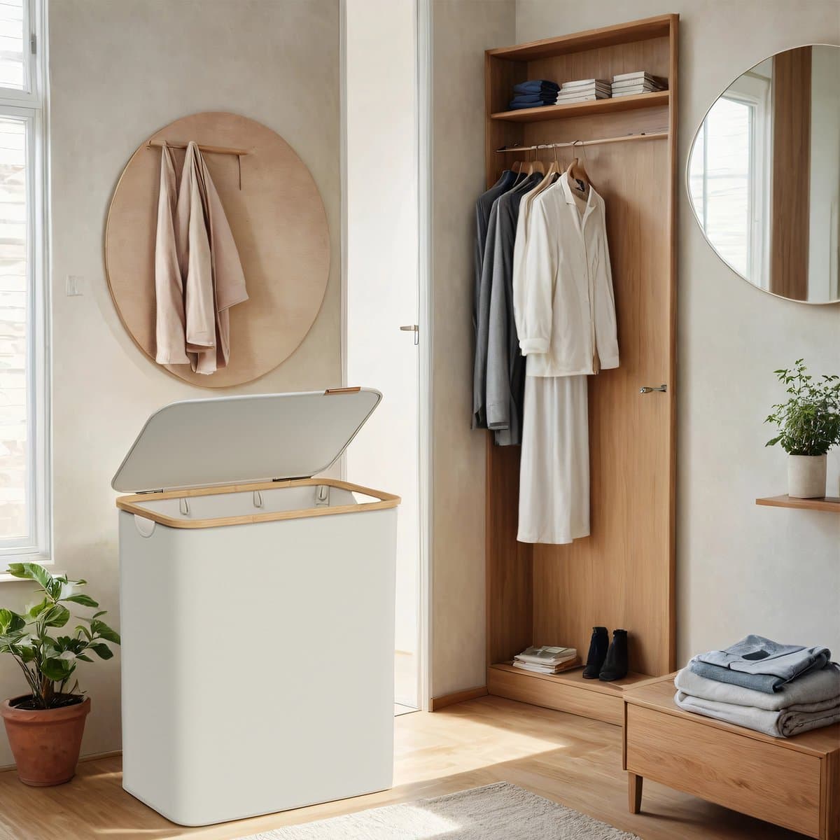 Grote wasmand – Oxford-stof – Inktzwart – 3 vakken met deksel en uitneembare mesh-voering