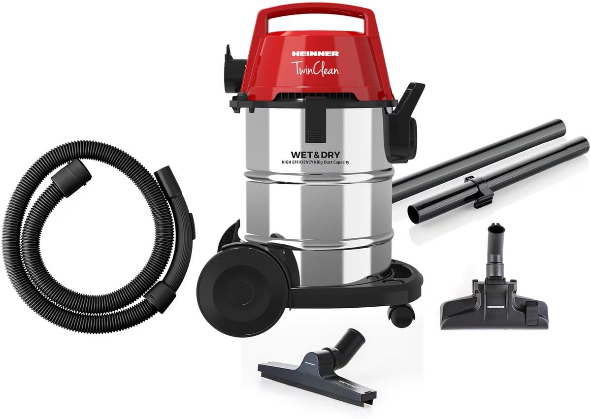 Heinner TwinClean Nat- en Droogzuiger 1400 W – Blaasfunctie – 21 L Capaciteit – 6 L Stofzak – RVS Reservoir – HEPA-filter – RVS/Zwart