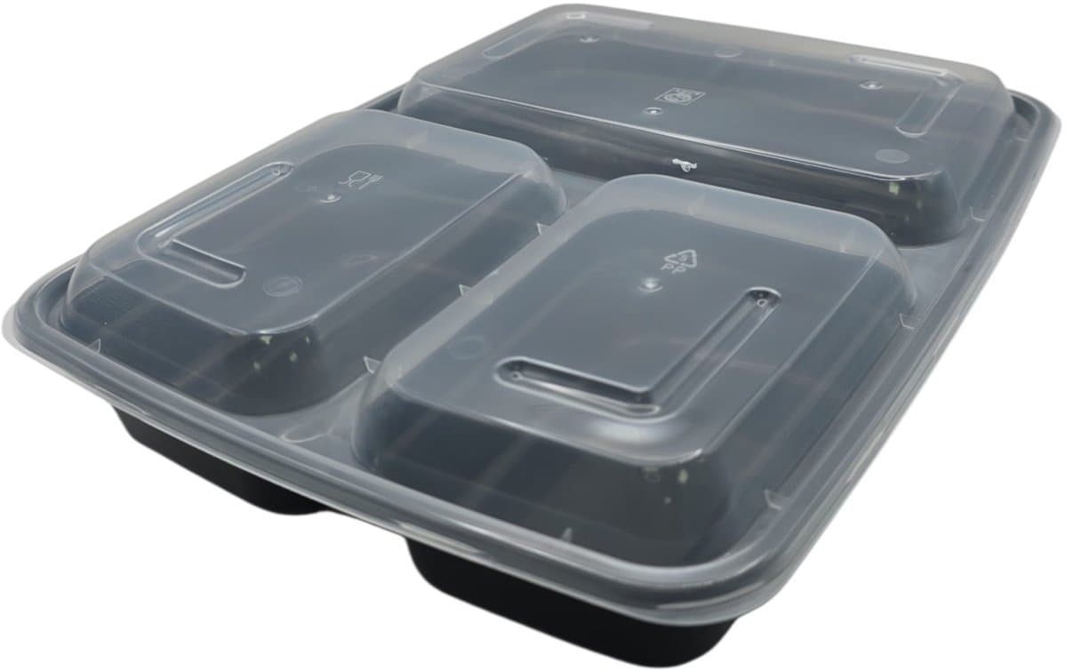 Magnetron bakjes met deksel 3 vak - 50 stuks Mealprep / Maaltijd bakjes - 1150ML (39 OZ) - Vershoudbakjes - Plastic bakjes - Diepvriesbakjes - Vaatwasbestendig - Zwart - Recyclebaar - Magnetronbakje - Microgolf - Food container with lid