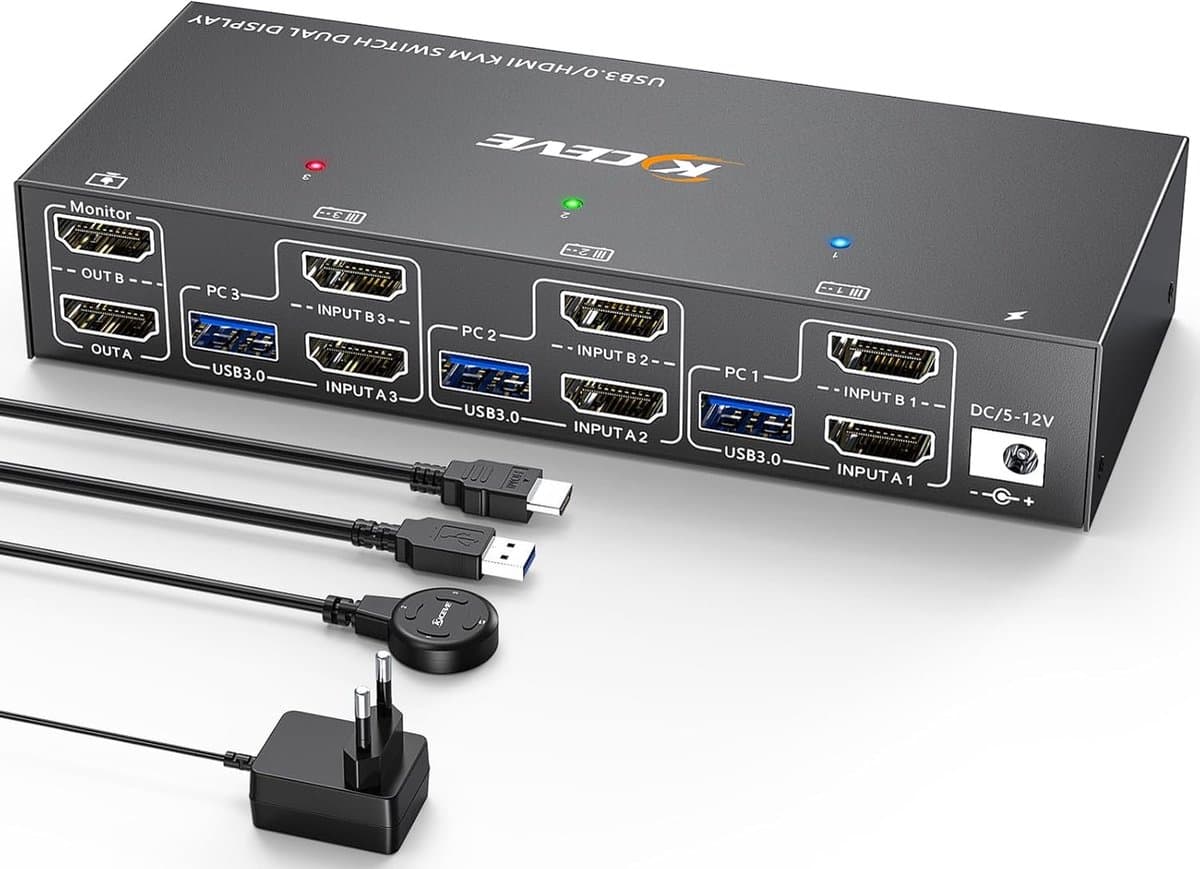 KVM Switch voor 3 PC's naar 2 Monitoren - HDMI 4K @60Hz met USB 3.0