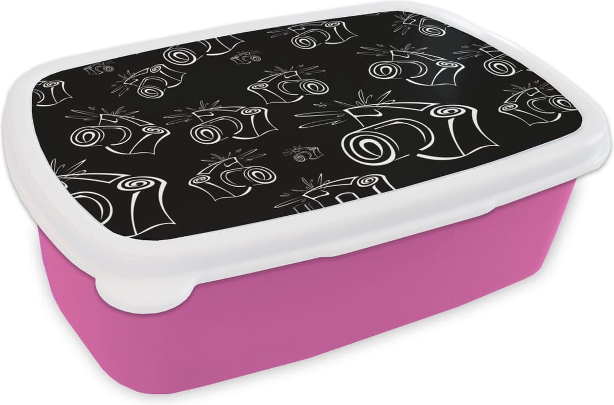 Broodtrommel Roze - Lunchbox - Brooddoos - Camera - Patronen - Zwart Wit - 18x12x6 cm - Kinderen - Meisje