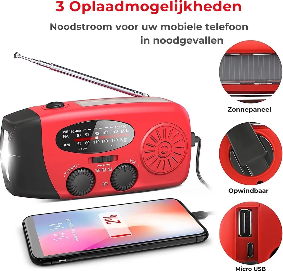 2026 Model Noodradio - Inclusief gratis draagtas - Met zonnepaneel en powerbank - 3 Oplaadmogelijkheden - Opwindbaar en Solar oplaadbaar - Ook functioneren op batterijen - Radio - Noodradio - Noodradio Opwindbare - Noodpakket - Ledlamp 72 uur