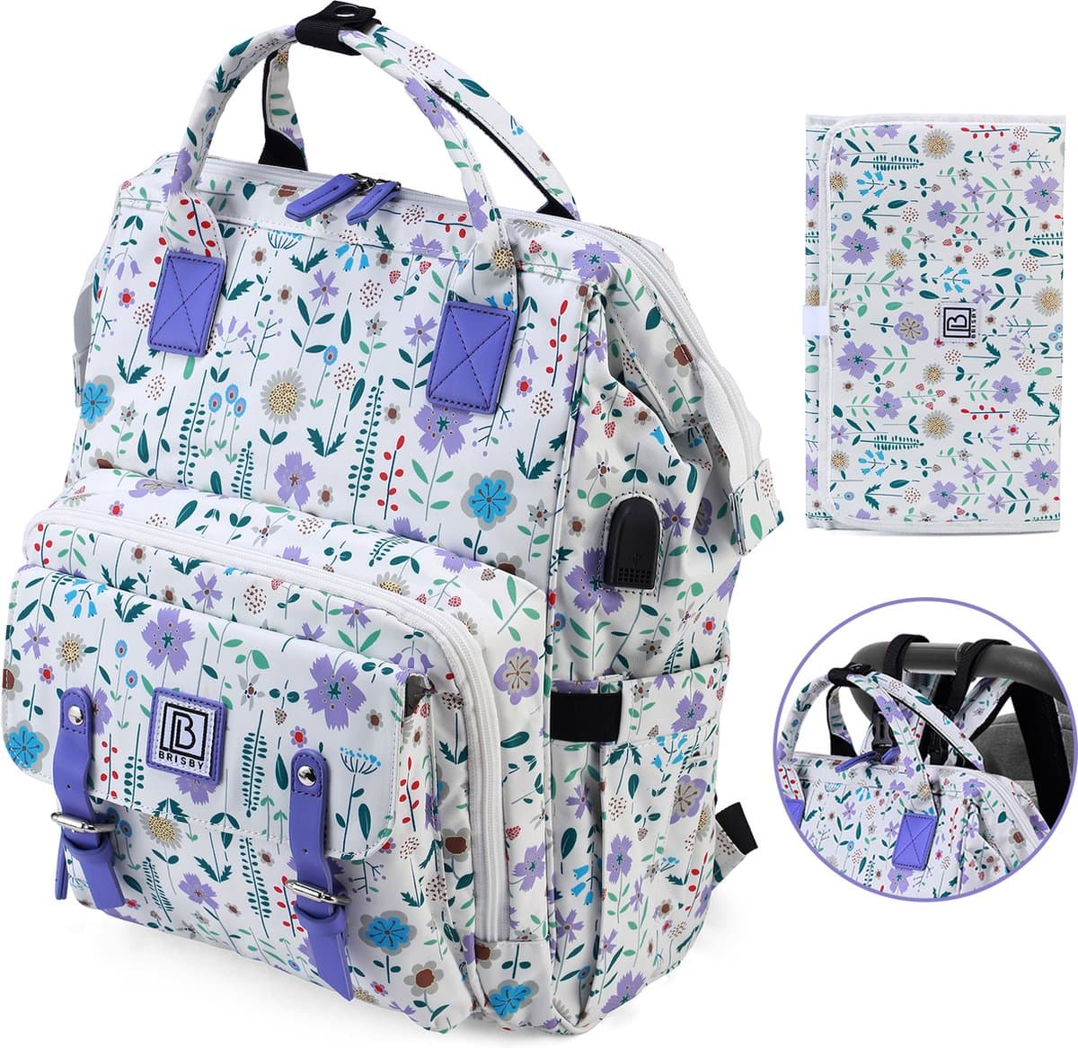 Brisby overzichtelijke luiertas – verzorgingstas – met buggymontage en stay-open frame - verschoonmatje - USB oplaadfunctie - geïsoleerde flessen vakjes - purple flower