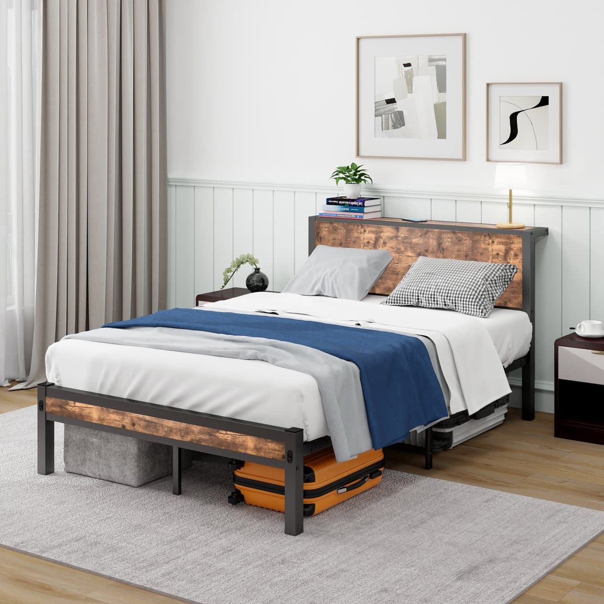 MIVRAY Normaal Bed 120x200 cm - Eenpersoonsbed Zonder Matras met Opberg Hoofdbord en Lattenbodem - Zonder Boxspring - MDF en Metaal - Antiekbruin