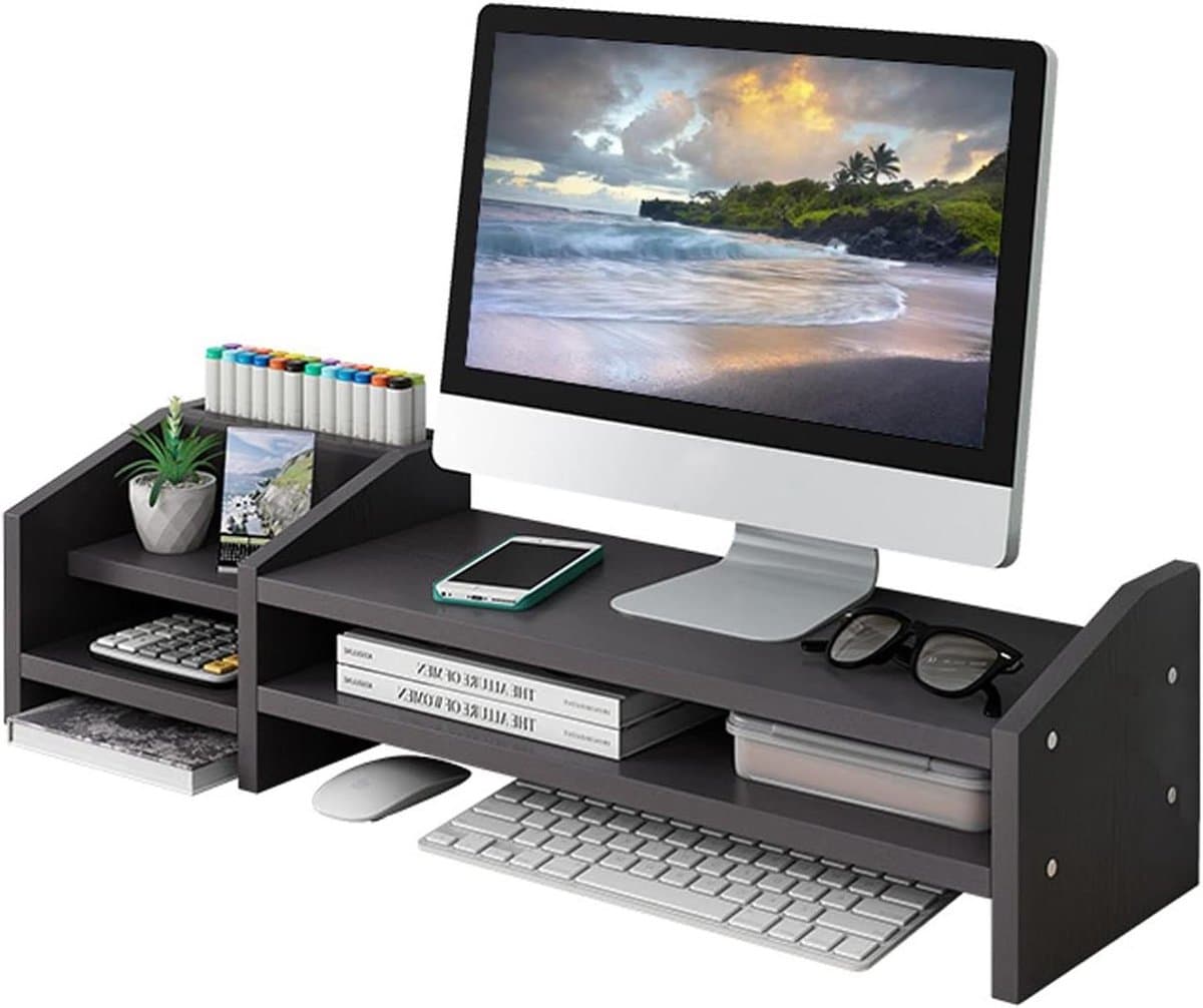 Monitor Verhoger - Bureau Organizer - Comfortabel Werken - Twee Lagen - 68 cm Breed - Zwart