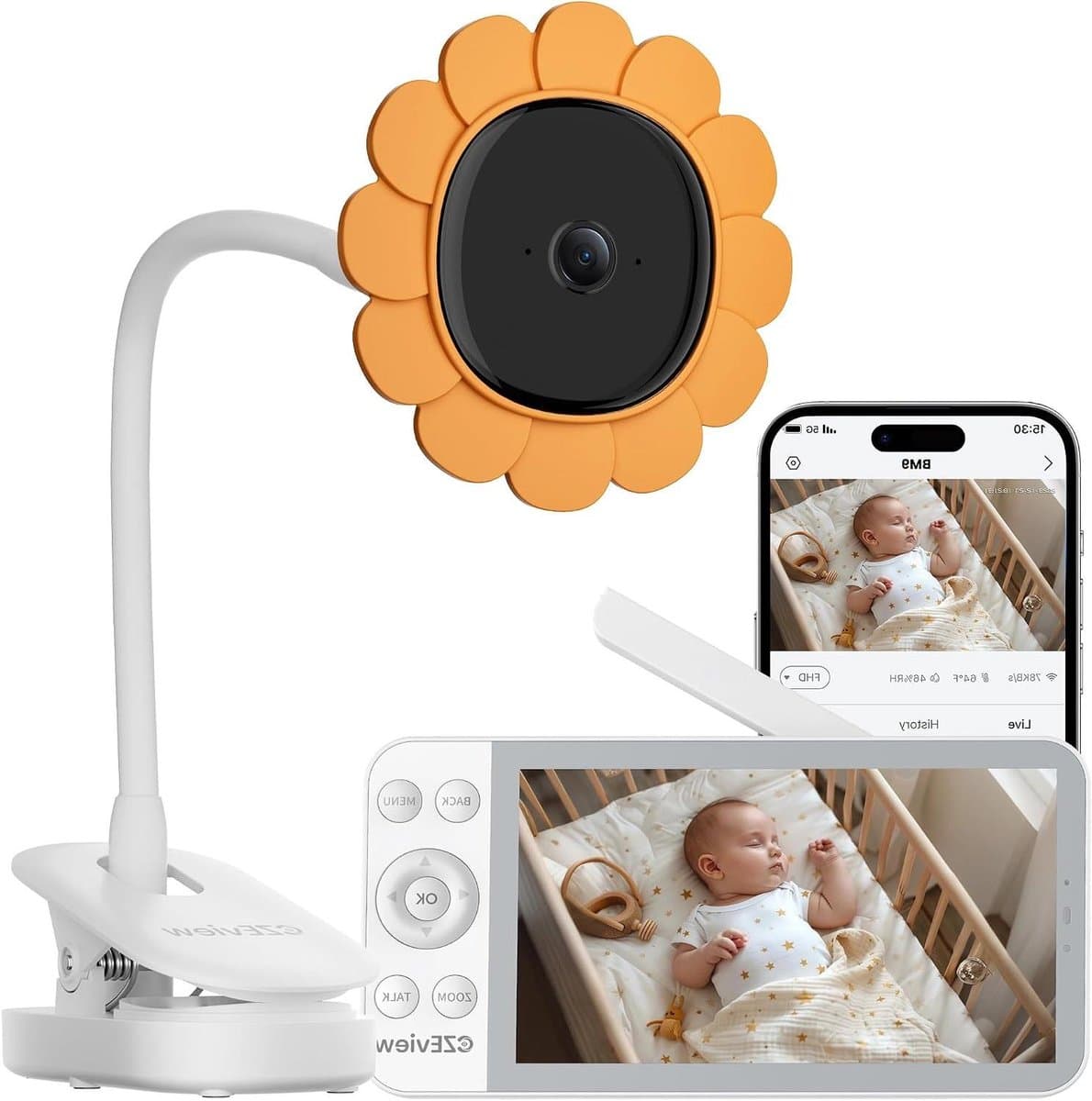 Babyfoon met camera - Video monitor - Kinderkamer bewaken - Wifi-vrije monitorverbinding - 55 inch scherm - Wit met oranje
