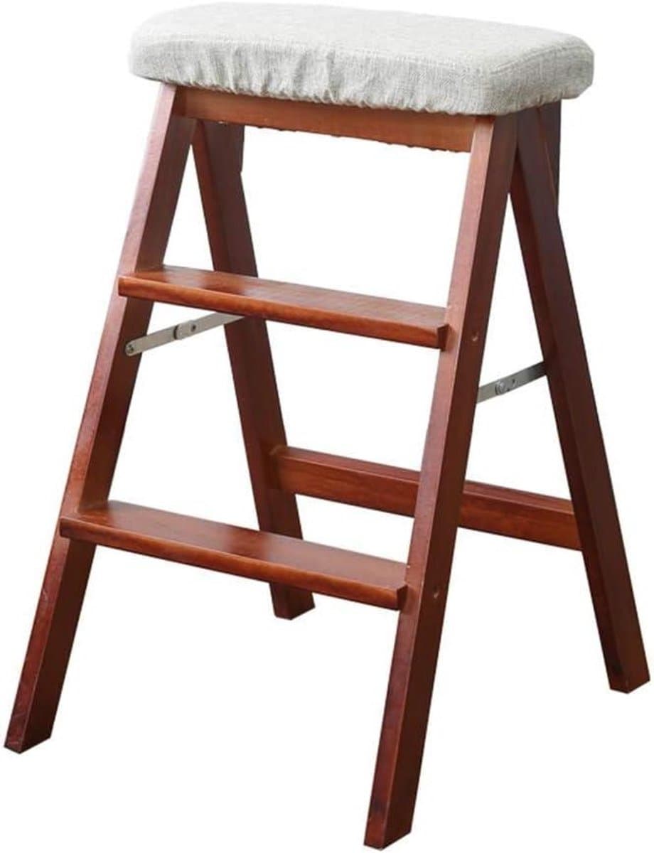 Opvouwbare Houten Ladderkruk - Keuken Kruk Ladder - Veilig Klimmen - Afneembaar & Wasbaar Kussen - 3 Treden - Grijs