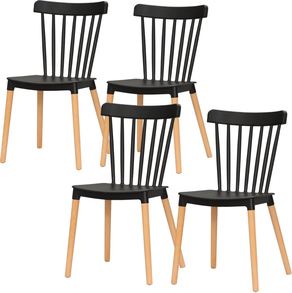 Set van 4 eetkamerstoelen, Scandinavische stijl, hoge rugleuning, zitting van polypropyleen, poten van beukenhout, voor de woonkamer, slaapkamer, keuken en kantoor, zwart
