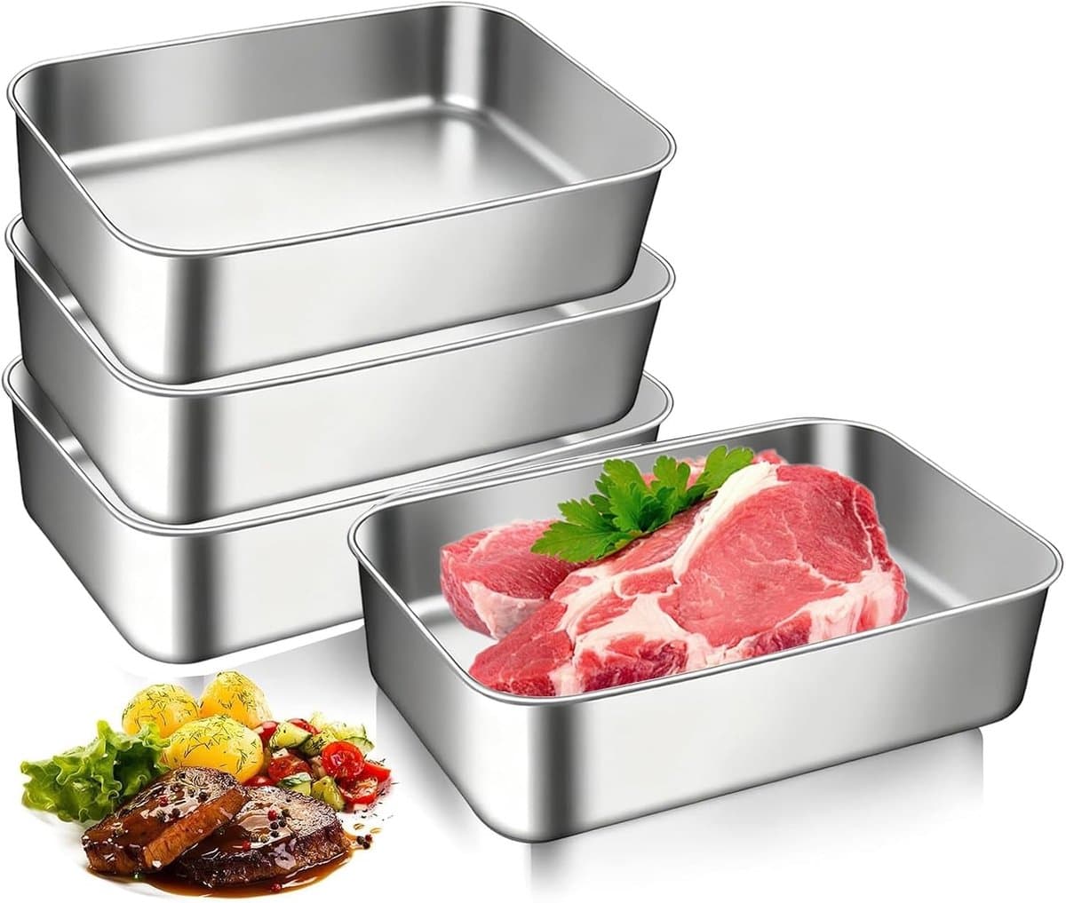 Stapelbare RVS Vleesdozen voor Koelkast, 22 x 14.8 x 6 cm, Ideaal voor Vlees, Vis en Fruitopslag