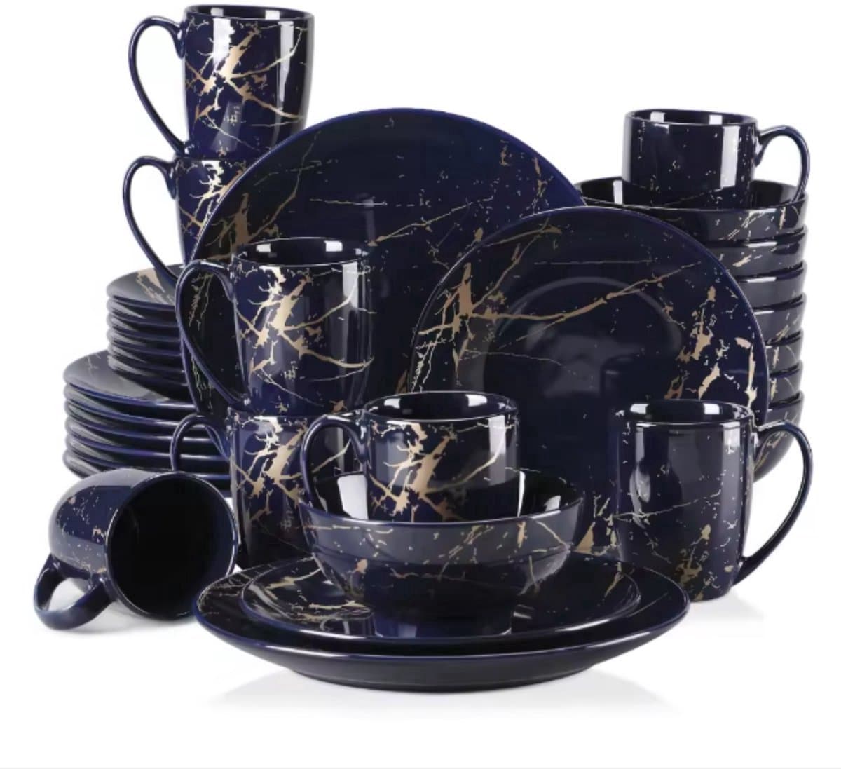 Serviesset 32 delig Donkerblauw - Donkerblauw/Goud, Dinerborden en Bordenset - Voor Oven, Diner, Keuken en Dagelijks Gebruik