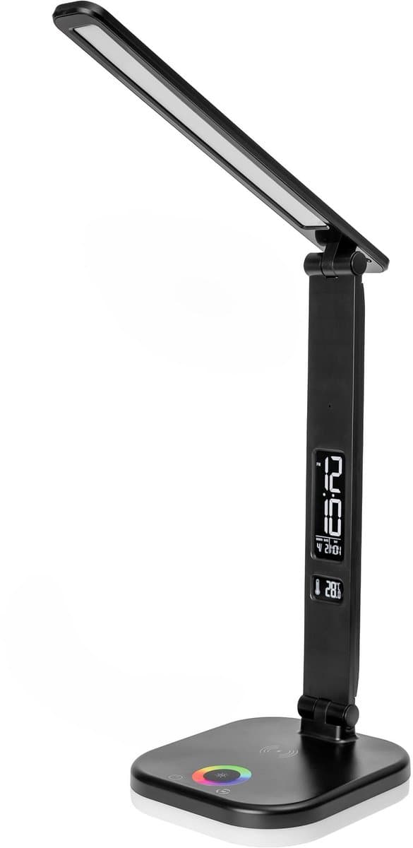 Platinet Bureaulamp LED - Draadloze oplader 5W - Wekker & Thermometer - Geschikt voor Smartphones - Zwart