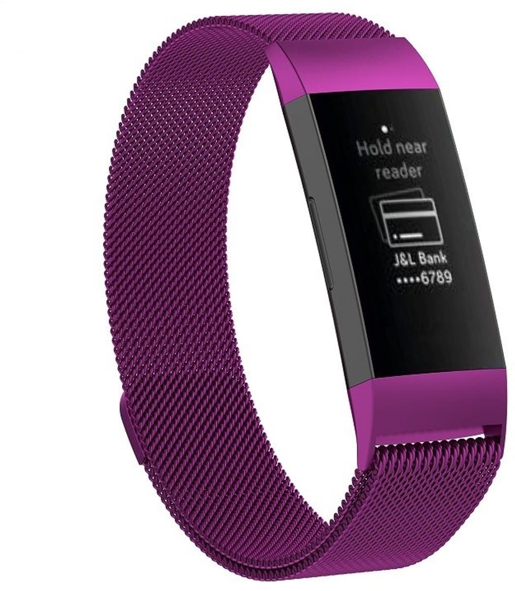 Roestvrijstalen magneetpolsband voor FITBIT Charge 3, maat: klein, 187x18 mm (donkerpaars)