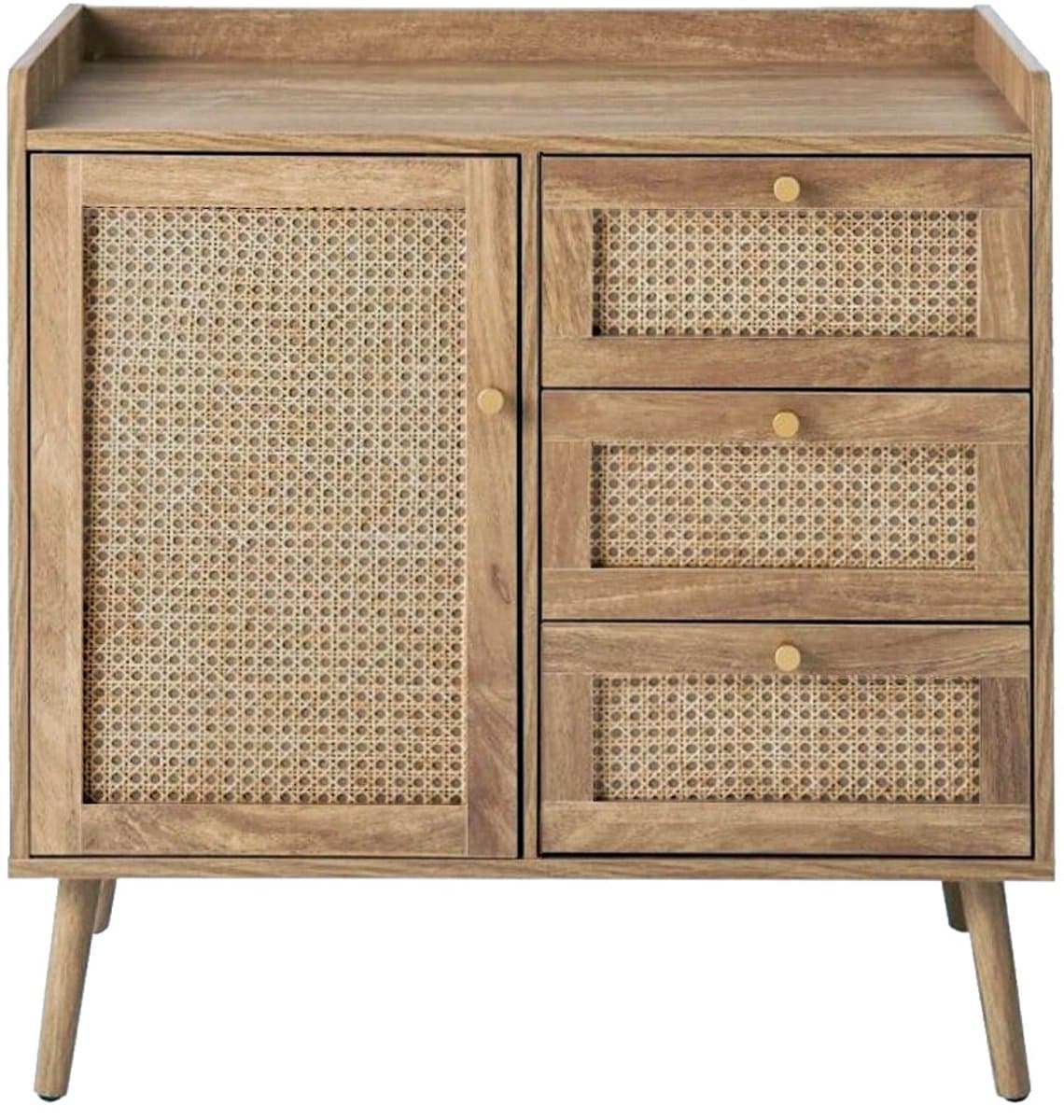 CALICOSY - Commode met 1 deur en 3 lades, rotan fronten en houten poten, L80 cm - PALMO