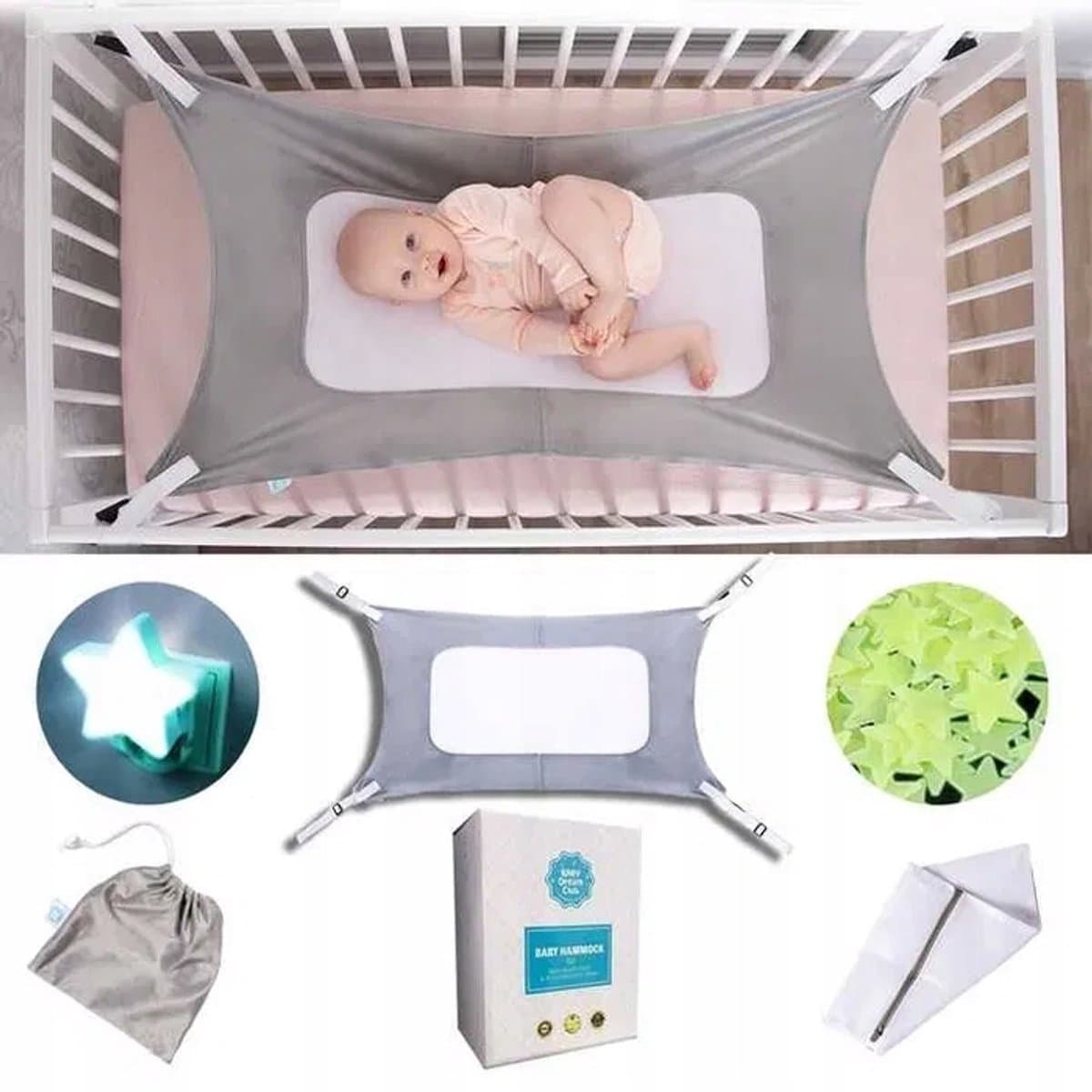 Baby hangmat voor wieg, ledikant - met nachtlampje sterren
