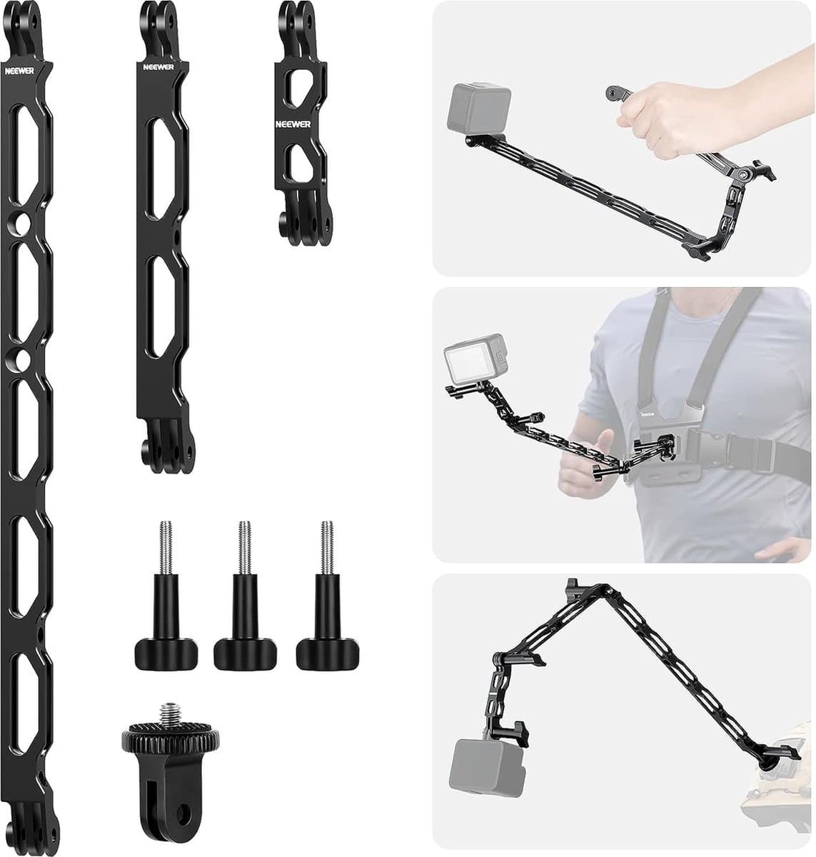 Neewer® - Aluminium Verlengarm voor Action Camera (11.8 inch, 6.5 inch, 3.3 inch) Set met 3 Duimschroeven en 14 inch Schroefadapter - Compatibel met GoPro Hero 12 11 10 9 8 7, Insta360, DJI Osmo Action 3