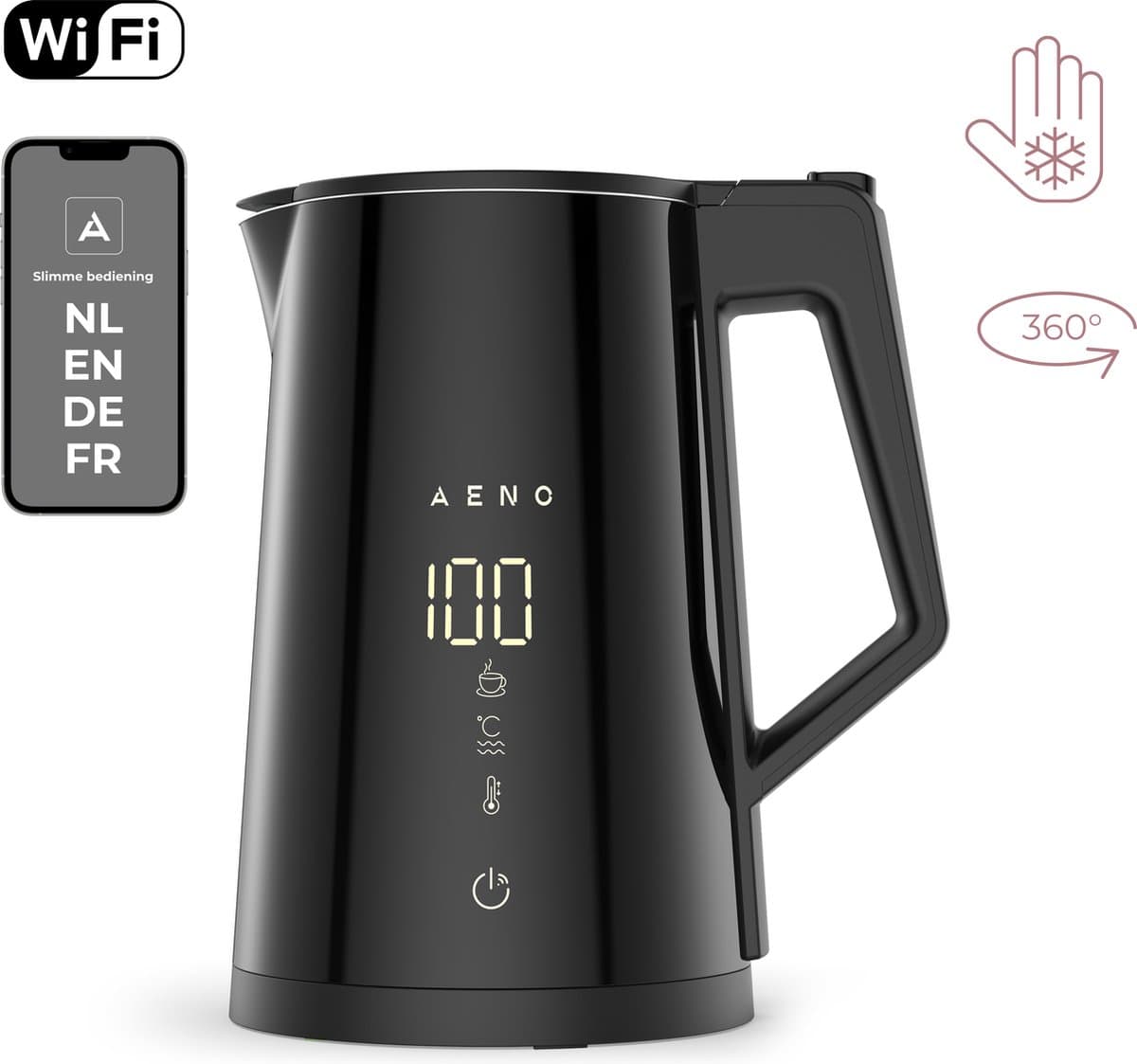 AENO EK7S - Slimme Elektrische Waterkoker - 1,7L - Temperatuurregeling - Wi-Fi & Touchscreen Bediening - Zwart