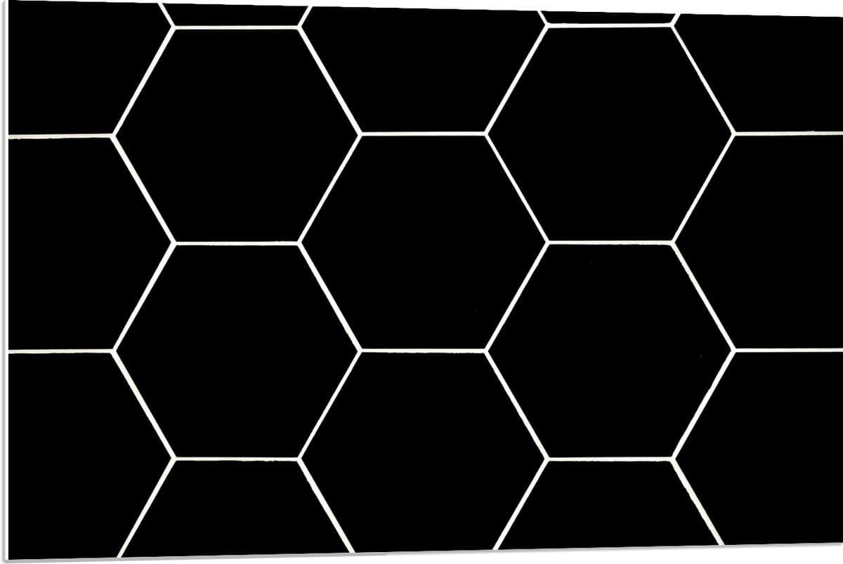 PVC Schuimplaat - Hexagon Vormen in het Wit tegen Zwarte Achtergrond - 90x60 cm Foto op PVC Schuimplaat (Met Ophangsysteem)